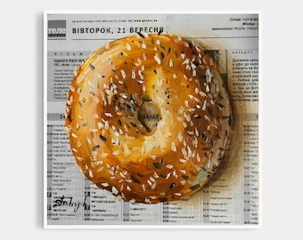 Bagel schilderij voedsel schilderij origineel olieverfschilderij krantenkunst ontbijt schilderij New York kunst eetkamer 3D muur kunst kleurrijke pop-art
