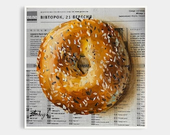 Bagel painting Food painting Original oil paining Newspaper art Breakfast painting