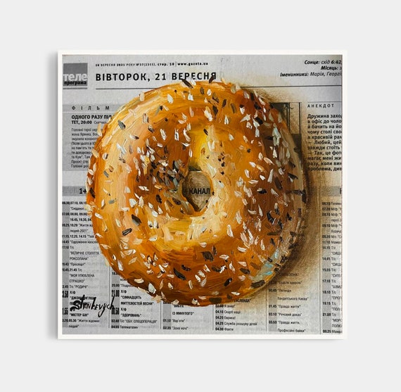Bagel painting Food painting Original oil paining Newspaper art Breakfast painting New york art Dinning room 3d wall art Colorful Pop art