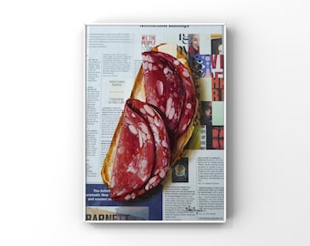Salami roast art Original oil painting Food wall art Kitchen painting Newspaper art Still life painting for Cafe by Julia Stankevych