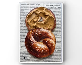 Bagel with Peanut Butter Painting: Impasto Food Art on Newspaper