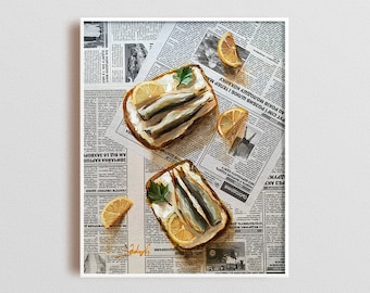 Newspaper art Fish painting wall art Original Oil Sardines painting Kitchen decor Food art Cafe