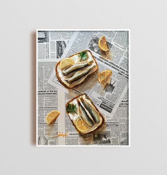 Newspaper art Fish painting wall art Original Oil Sardines painting Kitchen decor Food art Cafe