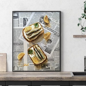 May include: A painting of two open-faced sandwiches with sardines, lemon slices, and parsley on a newspaper background.