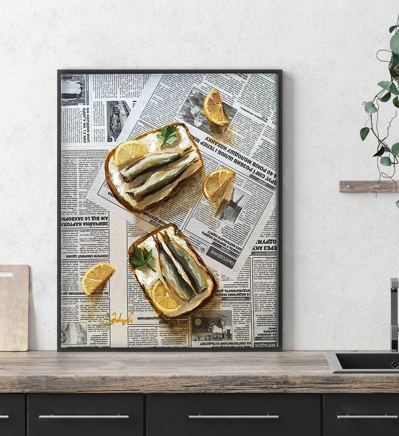 May include: A painting of two open-faced sandwiches with sardines, lemon slices, and parsley on a newspaper background.