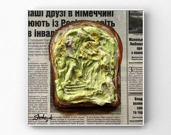 Avocado toast painting Impasto painting Food painting Avocado wall art Newspaper art