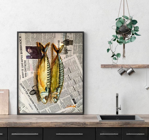 魚の絵新聞アートオリジナル油絵食品アートサバキッチン壁アートカフェ