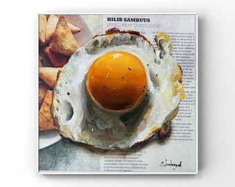 Egg art Original oil painting Food Breakfast Kitchen Cafe decor for Dinning room Gift Newspaper art Fried egg wall art