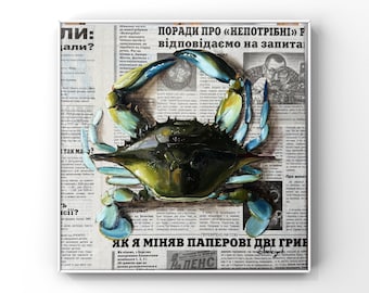 Crab painting Original blue crab wall art oil Seafood painting Coastal shell Chesapeake bay crabs Newspaper art Gift for fisherman