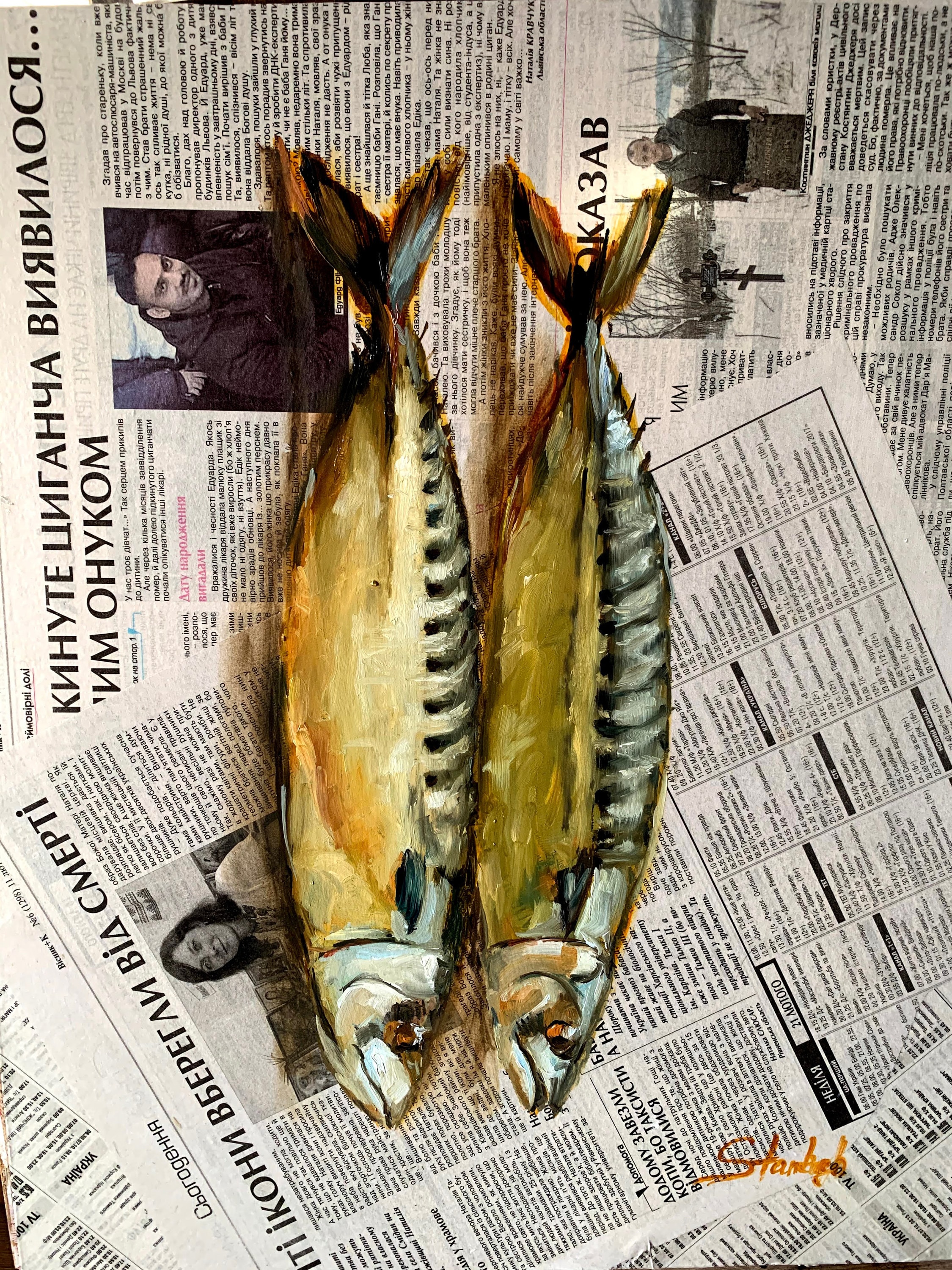 魚の絵新聞アートオリジナル油絵食品アートサバキッチン壁アートカフェ