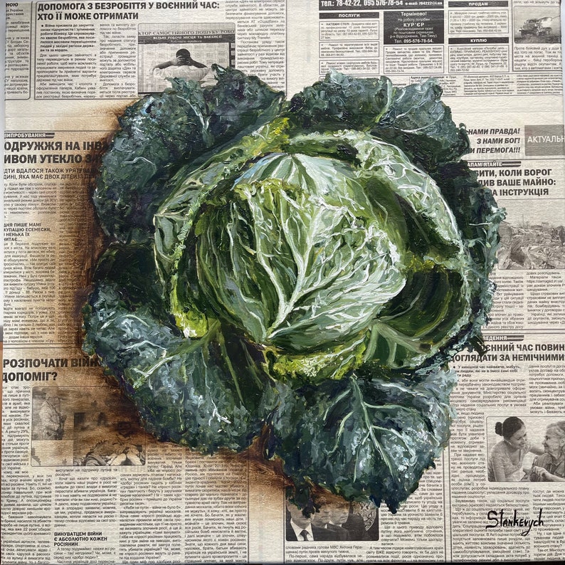 Vegetable Art Still Life Oil Painting Cabbage Art Newspaper Etsy
