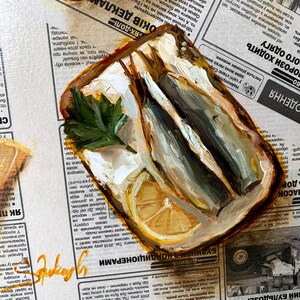 May include: A painting of a half-shell oyster with two sardines inside, a lemon wedge, and a sprig of parsley. The painting is on a newspaper background with text in Cyrillic.