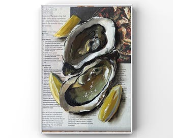 Oyster art Original trendy oil painting Newspaper art Coastal shell art Food painting Cafe decor Seafood Kicthen wall art Dinning room