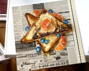 フレンチトーストの絵画、新聞アート、食べ物の絵画、朝食の絵画
