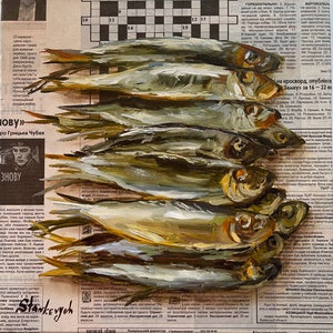 May include: A painting of a still life featuring a row of herring fish on a newspaper background. The fish are arranged in a staggered pattern, with their tails pointing towards the right side of the image. The newspaper is partially visible, with some text and a crossword puzzle.