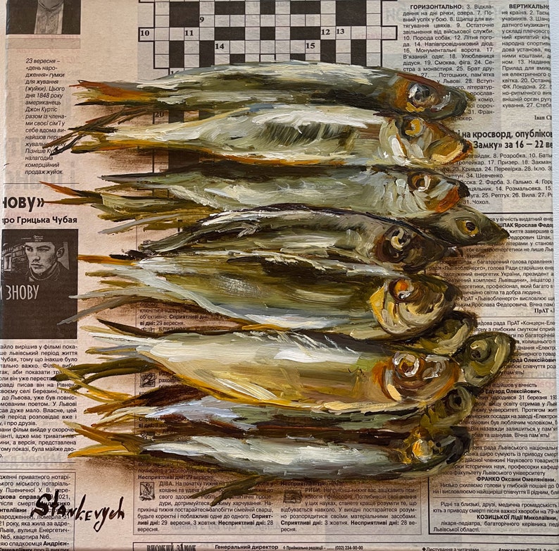 May include: A painting of a still life featuring a row of herring fish on a newspaper background. The fish are arranged in a staggered pattern, with their tails pointing towards the right side of the image. The newspaper is partially visible, with some text and a crossword puzzle.