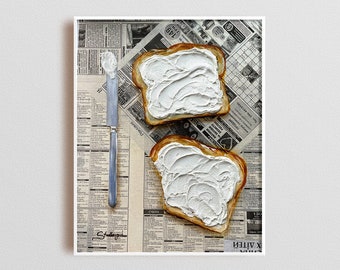 Impasto painting Original painting 3d textured art Cream cheese toast Newspaper art Breakfast painting Impasto art Food wall art Cafe decor