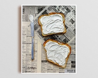 Impasto painting Original acrylic painting Cream cheese toast Newspaper art Breakfast painting