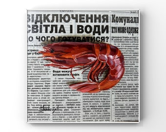 Shrimps art Seafood art Food painting Original oil art Newspaper art Coastal wall art Seafood wall art