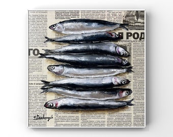 Fish painting Seafood painting Sardine art Food painting Original oil painting Newspaper art