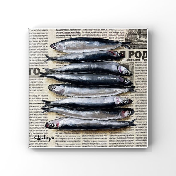 Fish painting Seafood painting Sardine art Food painting Original oil painting Newspaper art