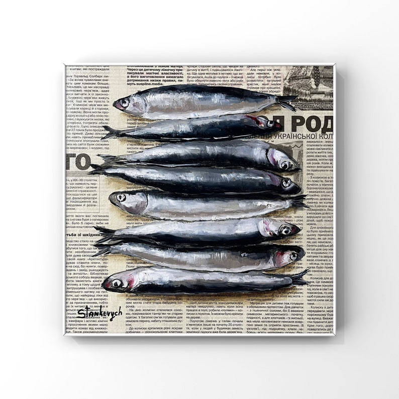Fish painting Seafood painting Sardine art Food painting Original oil painting Newspaper art image 1