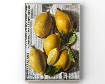 Lemon art Original oil painting Fruit wall decor Citrus Cafe wall art Newspaper Farmhouse painting for kitchen Lemons Sicily Summer