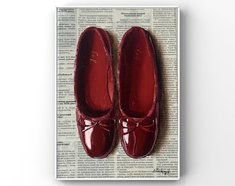 Shoes original oil painting Fashion slippers ballerina flats wall decor apartment Newspaper art Christmas art Handmade gift her ballet flats