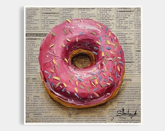 Donut painting Doughnut art Donut wall art Newspaper art Dessert painting Food painting by Julia Stankevych