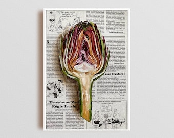 Colorful wall art Food painting Food wall art Artichoke painting Original oil painting Newspaper art Artichoke art Dictionary art Cafe art