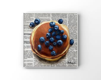Pancake with blueberry Food painting Original Oil painting Newspeper Art Breakfast Cafe Food wall art Farmhouse Kitchen decor 3d Retro Pop
