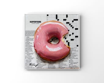 Donut art original oil painting Trendy Food art Doughnut Pink wall Newspaper art Dessert Pastry  Food decor Colorful Whimsical Apartment