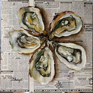 May include: Five oyster shells arranged in a flower shape on a newspaper background. The shells are painted in shades of brown, beige, and green, with a realistic depiction of the oyster meat inside.