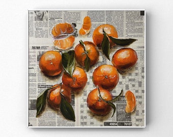 Orange oil painting Fruit wall art Original oil painting Citrus art Citrus wall decor Newspaper art Fruit painting Christmas wall art