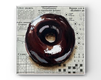 Original Oil Painting Chocolate Donut Newspaper Art Kitchen wall art Decor for Cafe Hyperrealism 8x8" Realism small art