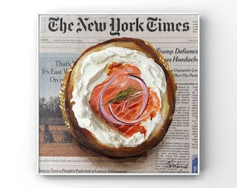Bagel with lox Impasto 3d painting Food Newspaper NYT art Breakfast Original oil painting wall art kitchen decor textured foodie gift