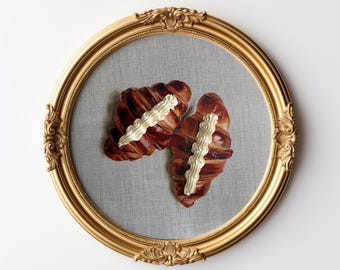 Croissant Väggkonst Matmålning Impasto 3D-texturerad Trendig Färgglad Café Original oljemålning Matkonst Inflyttningsdekor Fransk Realism