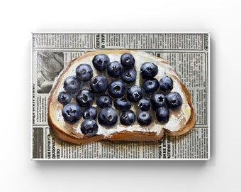 Blueberry toast painting Blueberry painting Newspaper art Food painting Breakfast painting 8x8" by Julia Stankevych