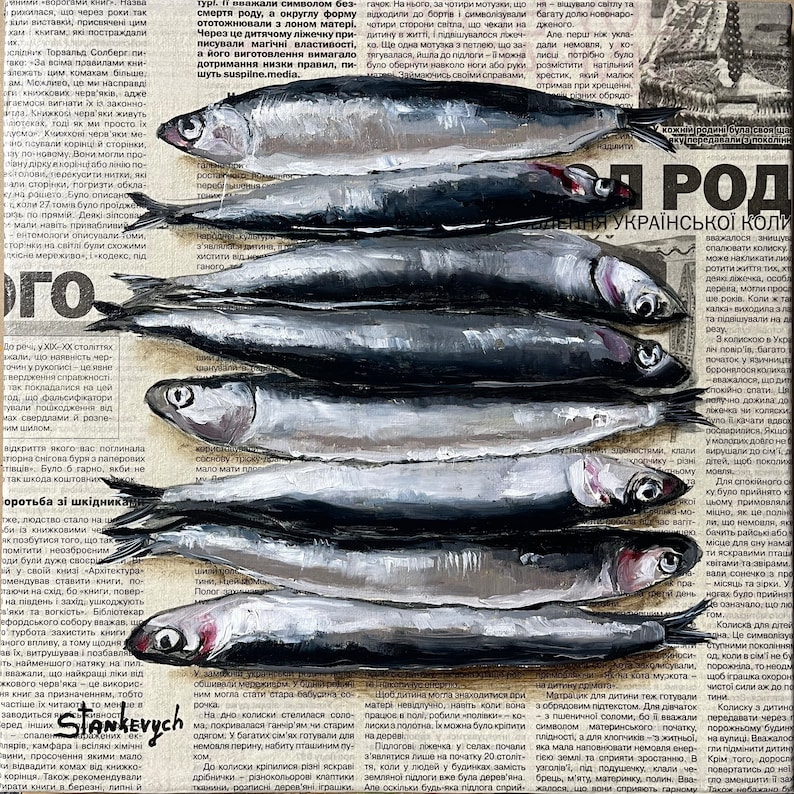 Fish painting Seafood painting Sardine art Food painting Original oil painting Newspaper art image 3