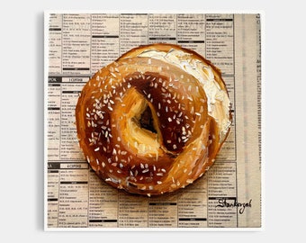 Bagel painting Food painting Newspaper art Breakfast painting Bread painting Butter art by Julia Stankevych