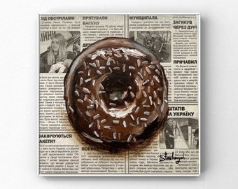 Donut art Doughnut art Donut wall art Original oil painting Newspaper art Food painting by Julia Stankevych