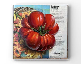 Tomato art Original Oil kitchen painting Newspaper  Housewarming Cafe decor Trendy colorful Dinning room Vegetable Food Realistic