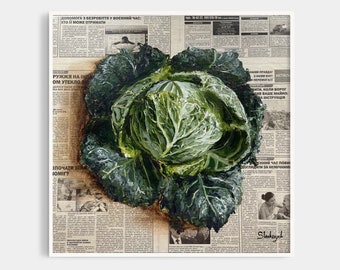 Vegetable art Still life oil painting Cabbage art Newspaper art Vegetable wall art Botanical art