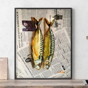 Fish painting Newspaper art Original oil painting Food art Mackerel Kitchen wall art Cafe decor Sardine painting Original art