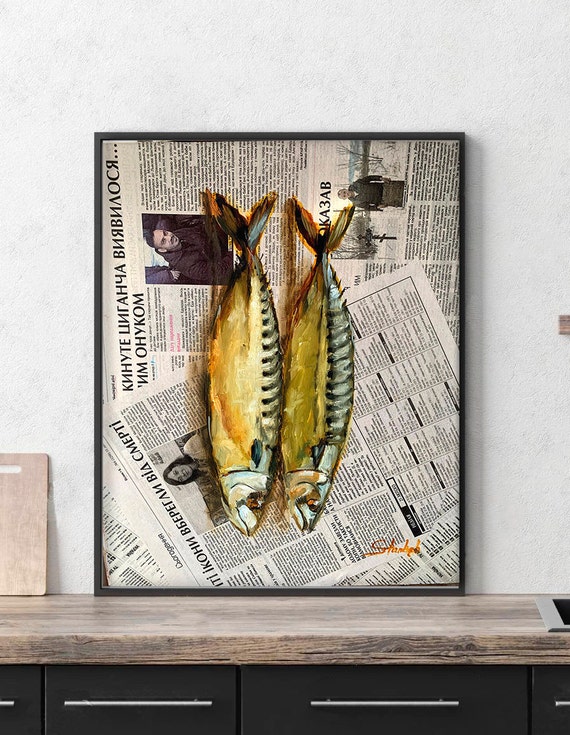 魚の絵新聞アートオリジナル油絵食品アートサバキッチン壁アートカフェ