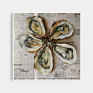 May include: Five oyster shells arranged in a flower shape on a vintage newspaper background. The shells are painted in a realistic style with details of the oyster meat inside.