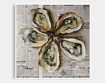 Oyster Oil Painting: Original Seafood Art on Newspaper, Coastal Wall Decor