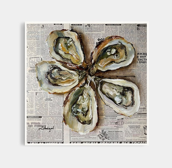 Oyster Oil Painting: Original Seafood Art on Newspaper, Coastal Wall Decor