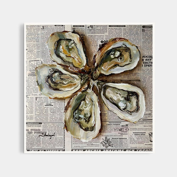 Oyster painting Original oil painting Seafood artwork Coastal painting Newspaper art by Julia Stankevych