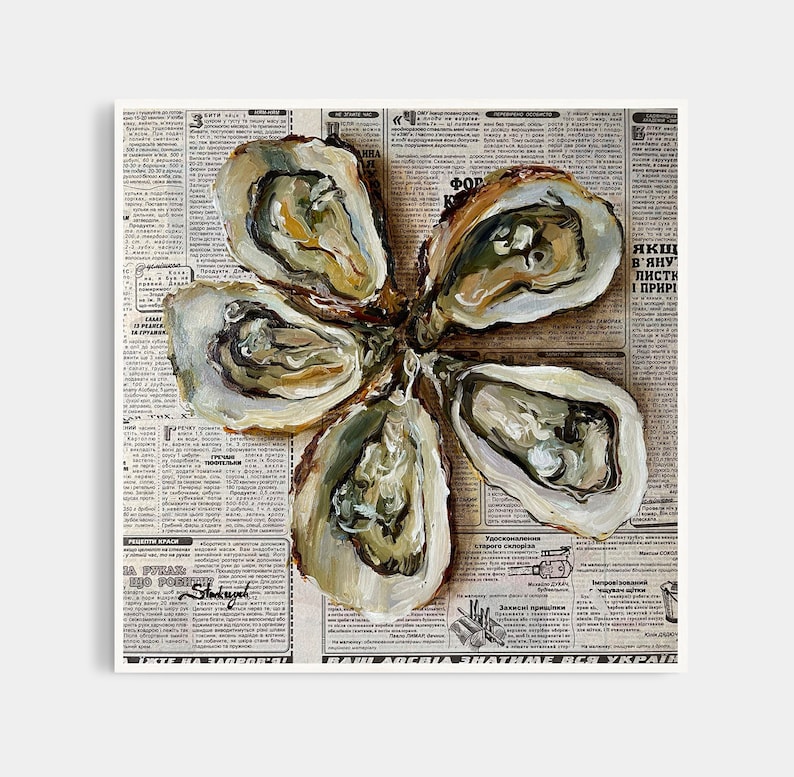 May include: Five oyster shells arranged in a flower shape on a vintage newspaper background. The shells are painted in a realistic style with details of the oyster meat inside.